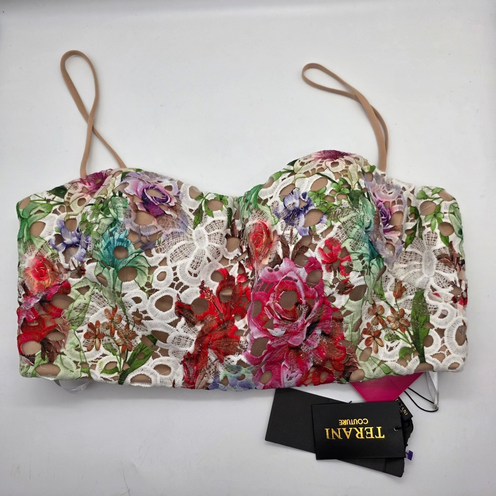 Terani Couture Floral Lace Corset Top Bustier‎ Colorful Size 14 NWT